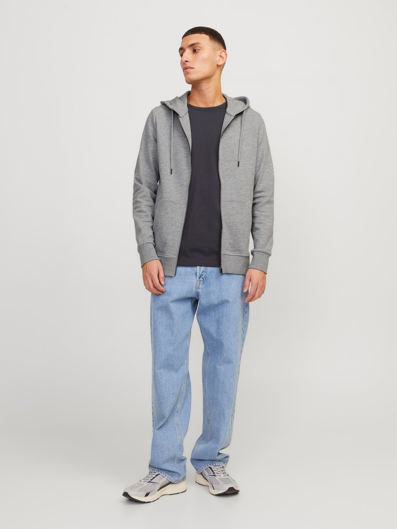 Jack & Jones Felpa da Uomo, con Cappuccio e Cerniera, in Stile Basic, Grigio Melange, XS
