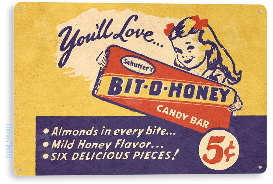 Tinworld TIN Sign C378 Bit-O-Honey Candy Wrapper Bar Kitchen Cottage Farm Sign