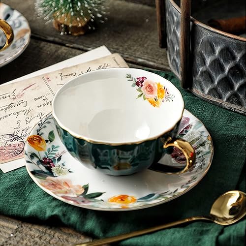 Taza y platillo de té verde, taza de café de porcelana con diseño floral de cerámica real con ribete dorado y cuchara, taza de porcelana vintage de