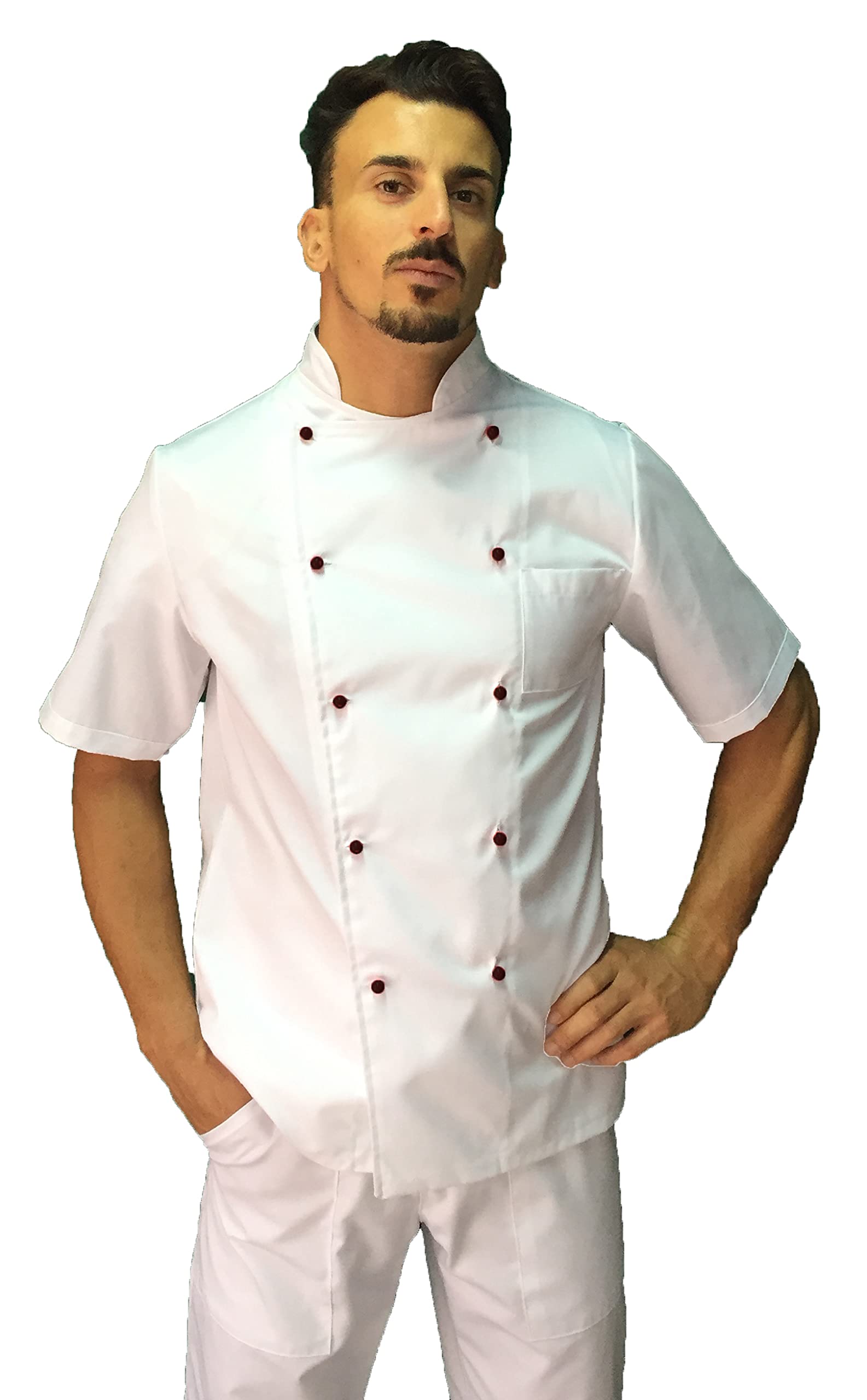 Chaqueta de cocinero para hombre – blanca de manga corta – Botones negros – Casaca Chef – uniforme para cocina y restaurante – Fabricado en Italia