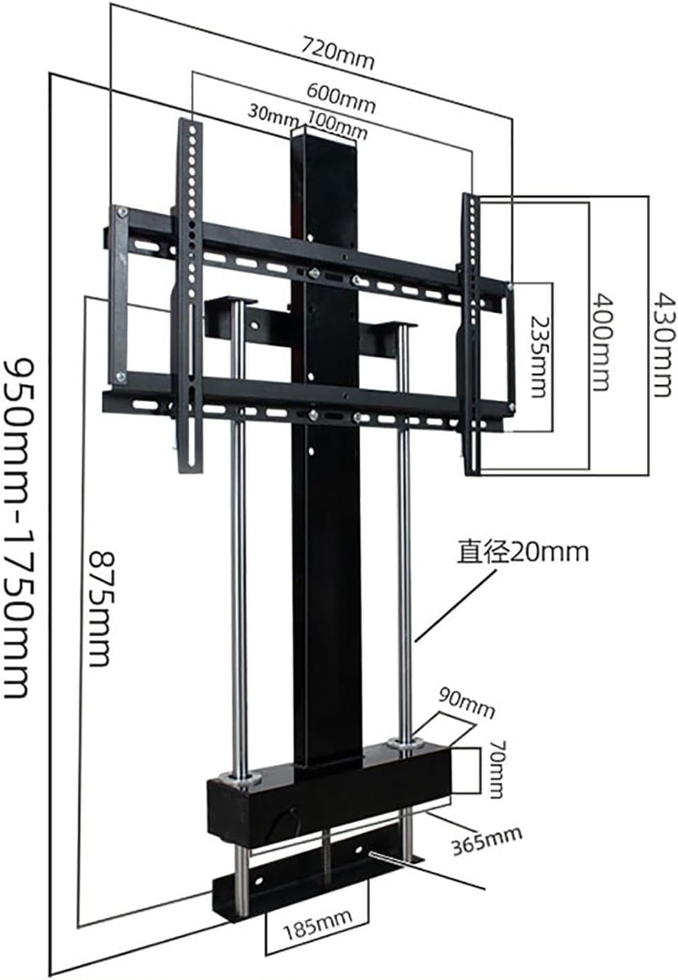 Supporto TV, supporto da parete for monitor, altezza regolabile, sollevamento elettrico telescopico, staffa motorizzata con telecomando RF wireless, adatto a schermi da 37 a 75 pollici