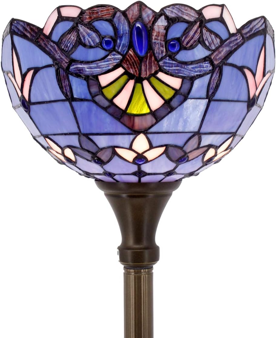 WERFACTORY Tiffany Floor Lamp Blue Purple Baroque Stained Glass Light 12X12X71 Inch Pole Torchiere Standing Corner Torch Uplight Decor Bedroom Living Room Home Office S003C Series (Blue)