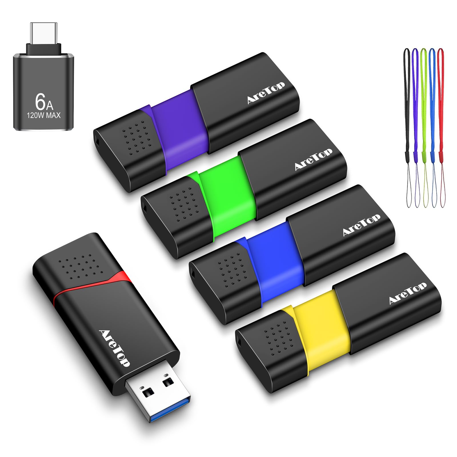AreTop Chiavetta USB 3.0, 64 GB, 5 pezzi, con 1 adattatore USB-C, 5 colori | USB 3.0 fino a 100 MB/s, compatibile con PC/laptop/auto/console di gioco