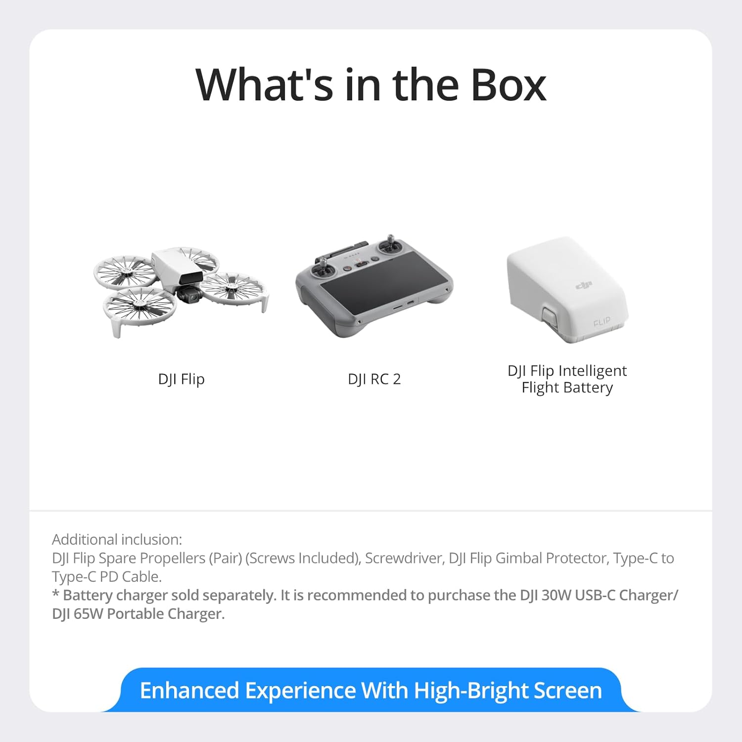 What's in the box? DJI Flip Drone RC 2 package list.
