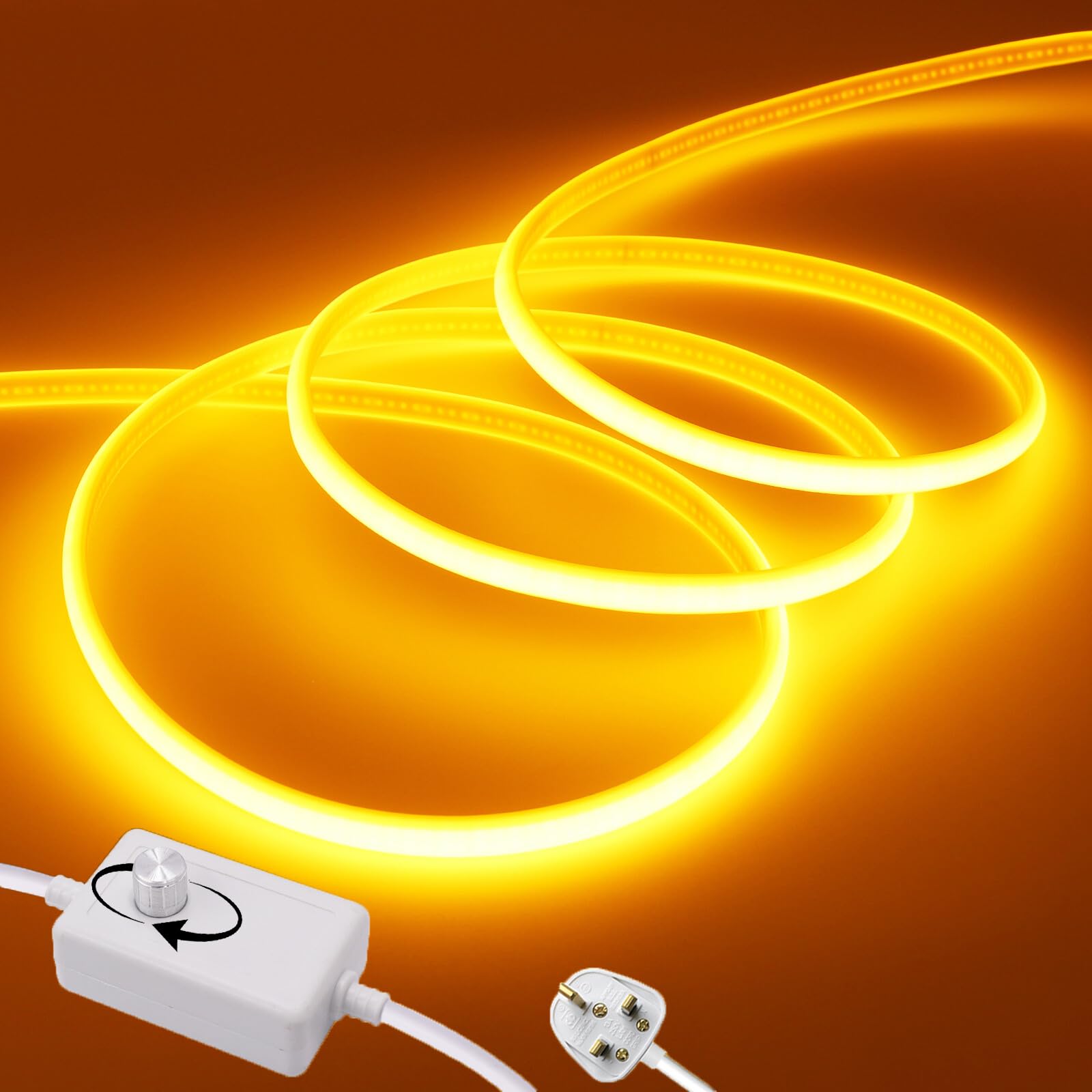 Wisada Dimmable Flexible COB LED Strip CRI90+[24M,Yellow], 288 LEDs/m Cuttable FCOB LED Neon Strip Rope Light, AC220-240V, DIY Design, IP65 Waterproof Home & Shop Decorative Lighting Fairy Lights