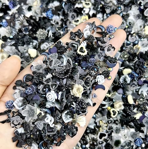 300Pcs 3D Mixed Gothic Dark Bow Nail Art Charms Resin Rose Mini Flower Moon Heart Star Hollow Pearl Nail Charms Butterfly Rabbit Nail Rhinestones Nail Jewelry for Nail Design DIY Crafts Accessories