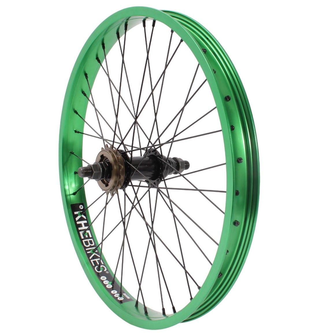 KHE Prism BMX Hinterrad, 20 Zoll, Grün Eloxiert, 14mm Achse, 16T Freilaufritzel, 38mm Felgenbreite