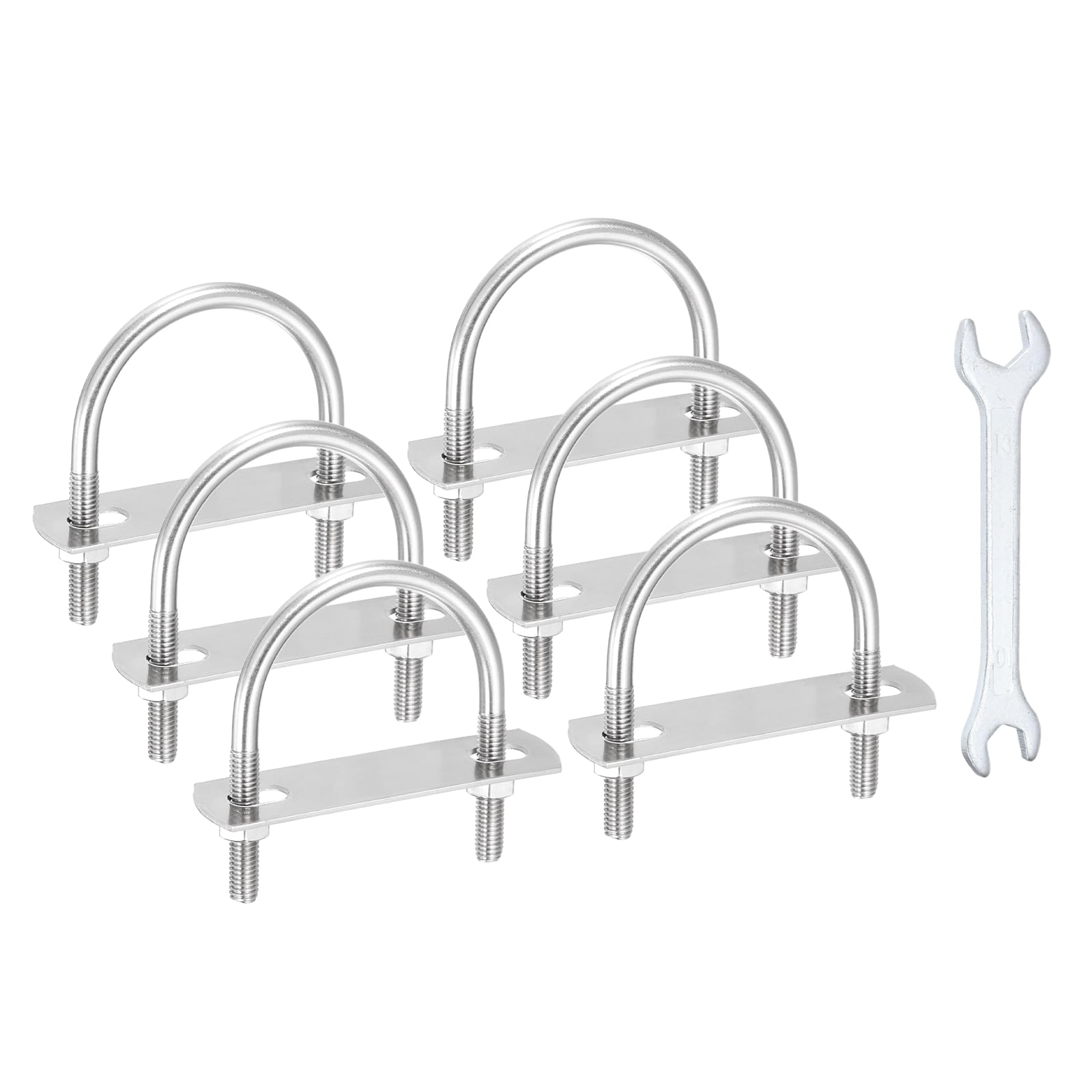 sourcing map 6Pcs M6 U-Bolts, 1.77"(45mm) Inner Width 2.48"(63mm) Length 304 Stainless Steel Round Bend U Bolts with Nuts Frame Plate Washers and Wrench for Trailers Boats Axle Sailboat