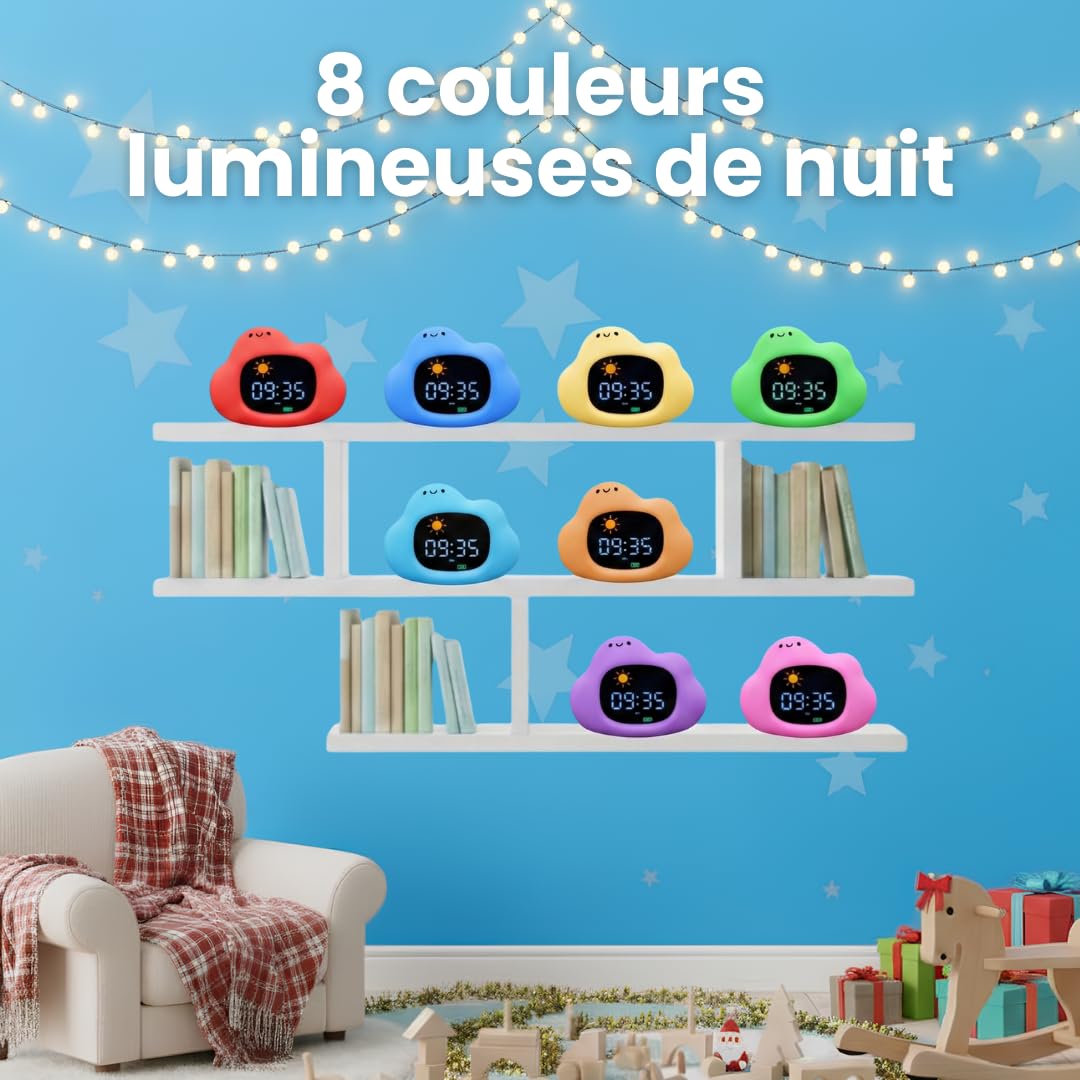 Sveglio bambino educativo giorno/notte - luce notturna per bambini musicale e luminosa, 4 anni di luminosità, orologio educativo con musica rilassante, rumore bianco, decorazione per camera da letto