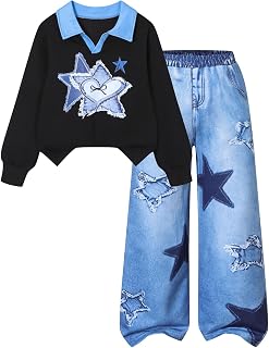 Girls Clothes 2 Piece Cute Star Lapel Top & Wide Leg Pants Outfits for Tween Fall Winter (Not Jeans)