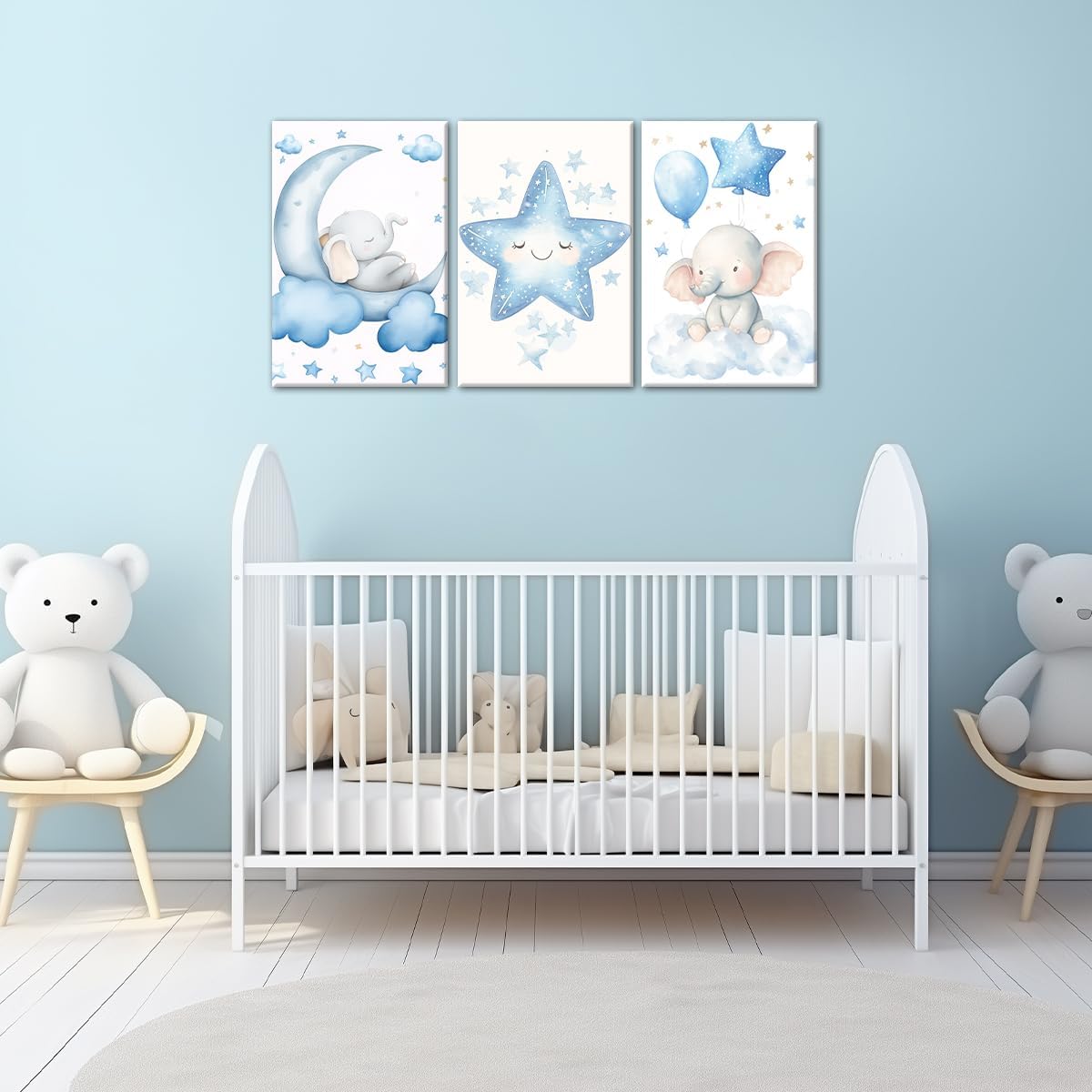 Nursery Wall Art Baby Boy Wall Decor Blue Elephant Moon and Stars Painting Prints Cute Animal Canvas Poster for Kids Room Decor Framed(Baby-2,11L x 14W x 3Pcs)