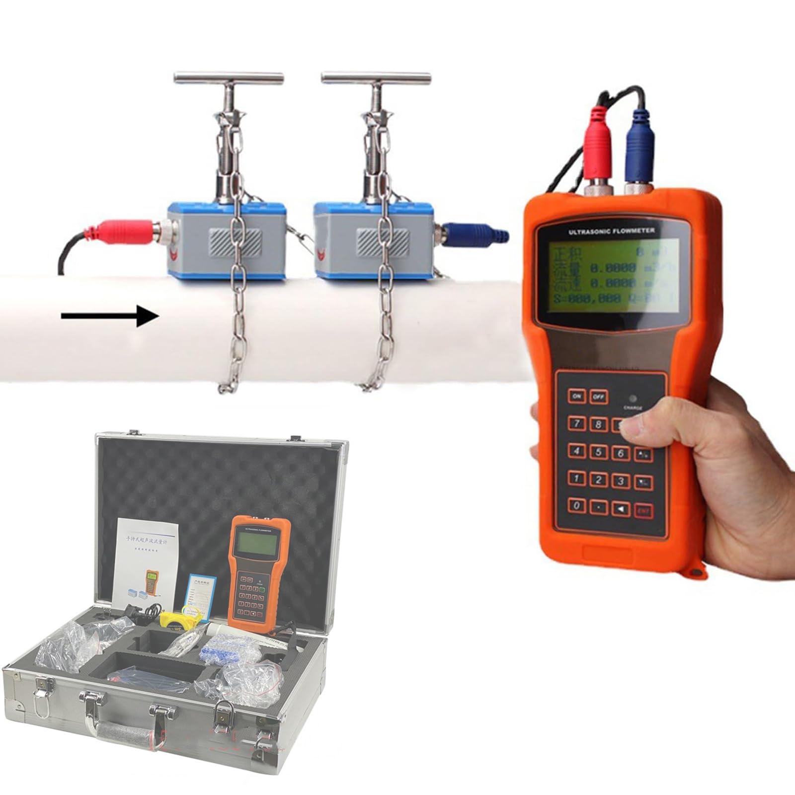 Medidor de flujo ultrasónico de mano con abrazadera: portátil, preciso, fácil de usar para medición industrial de flujo de agua, líquido y fluido en tuberías con registro de datos y visualización en