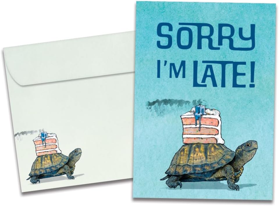 Tree-Free Greetings Funny Turtle Belated Birthday Card - Better Late Than Never - 1 Recycled 5x7 Card + Matching Envelope | Made in USA, 100% Recycled Paper, Artful Design for All!