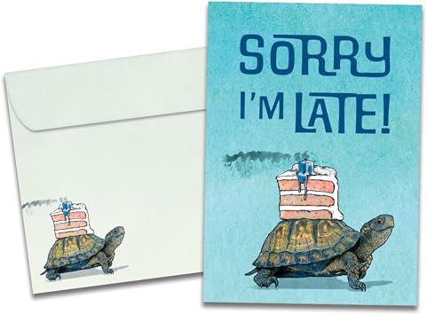 Tree-Free Greetings Funny Turtle Belated Birthday Card - "Better Late Than Never" - 1 Recycled 5x7 Card + Matching Envelope | Made in USA, 100% Recycled Paper, Artful Design for All!
