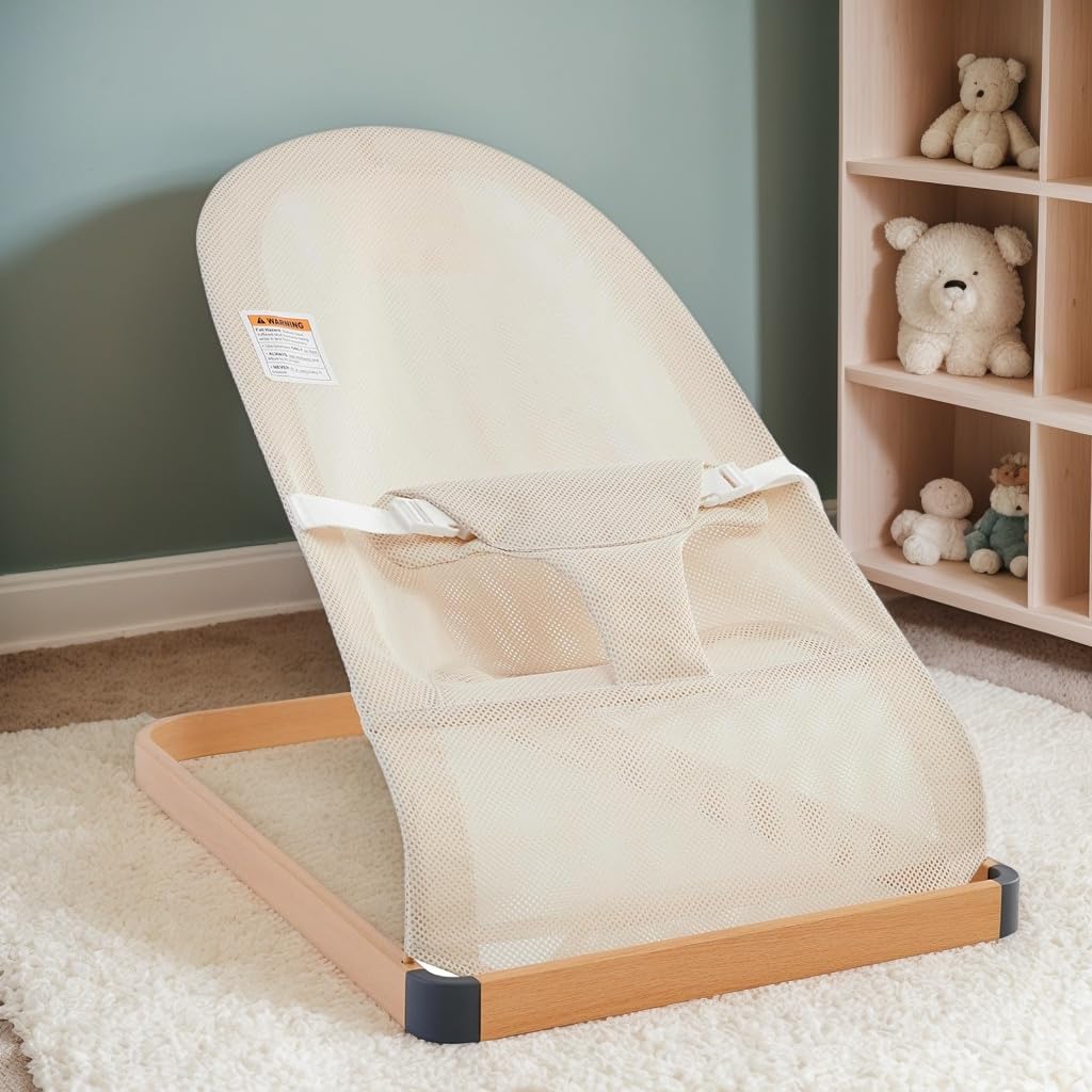 baby bouncer - portable bouncer seat for babies, ergonomic design baby bouncy seats infant with mesh fabric natural vibrations, beige