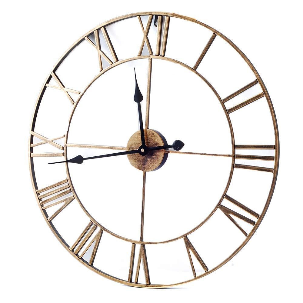 Nowoczesny zegar ścienny, 60 cm, duży, okrągły, złoty, metalowy zegar ścienny, duży zegar, ogrodowy, zewnętrzny, zegar ścienny w stylu vintage, retro, cyfry rzymskie, dekor,