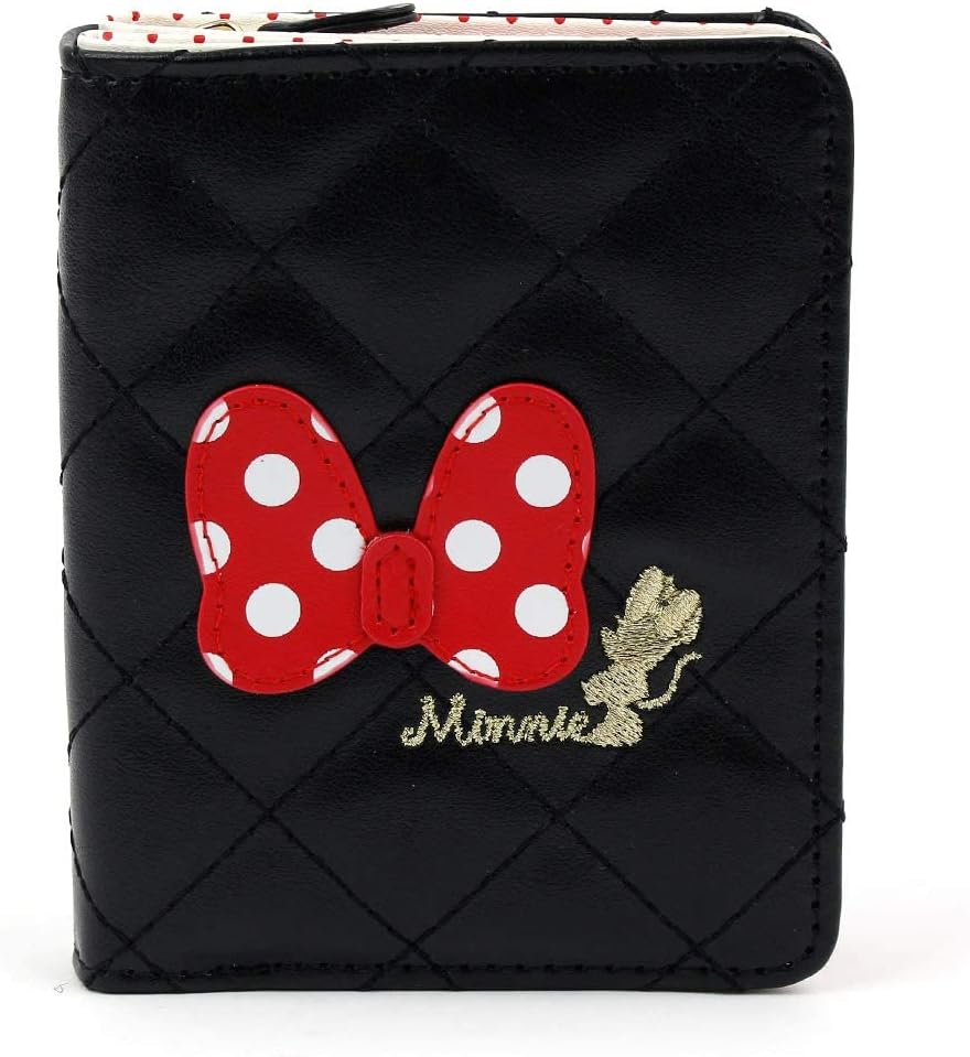 WINGHOUSE X Minnie Officially Licensed Embroidery Polka Dot Bow Ribbon Quilted Novelty My First Card Case & Money Organizer Wallet for Kids Girls Teens Womens Black