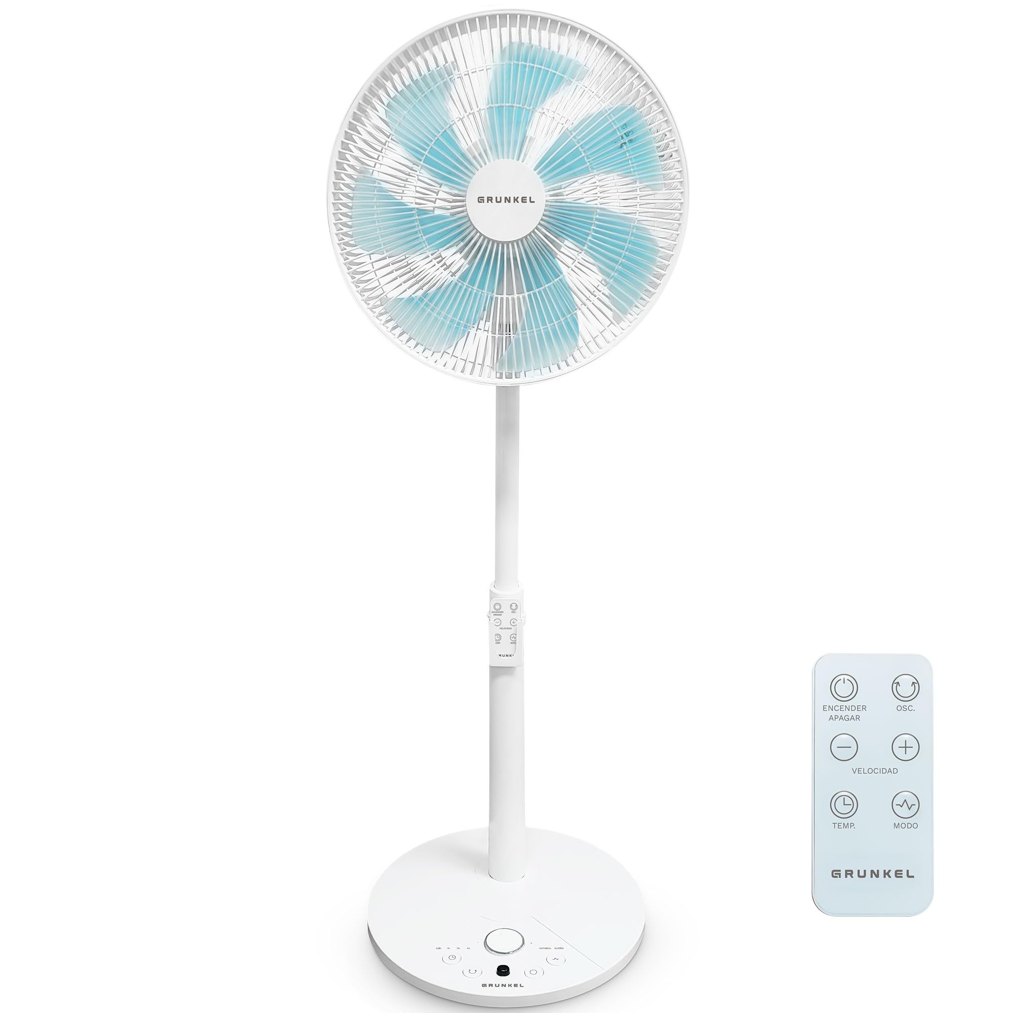 Grunkel Ventilador de Pie Ultrasilencioso PS de 36cm 14” | 12 Velocidades | 7 Aspas | Oscilación 100° | Temporizador 12h | Mando a Distancia | 30W (Blanco control cabezal)