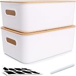 Citylife Organisateurs et stockage de placards - 4PCS Bacs de rangement en plastique avec couvercles en bambou, contenants de stockage empilables pour l'organisation, assemblés avec des étiquettes et marqueur 10.24 x 7.01 x 6.1 de pouce