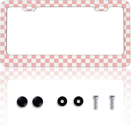 Miniatura 18 de Marco de matrícula de cuadro ajedrezado en blanco y negro, soporte de matrícula con bandera de carrera a cuadros para accesorios de automóvil,