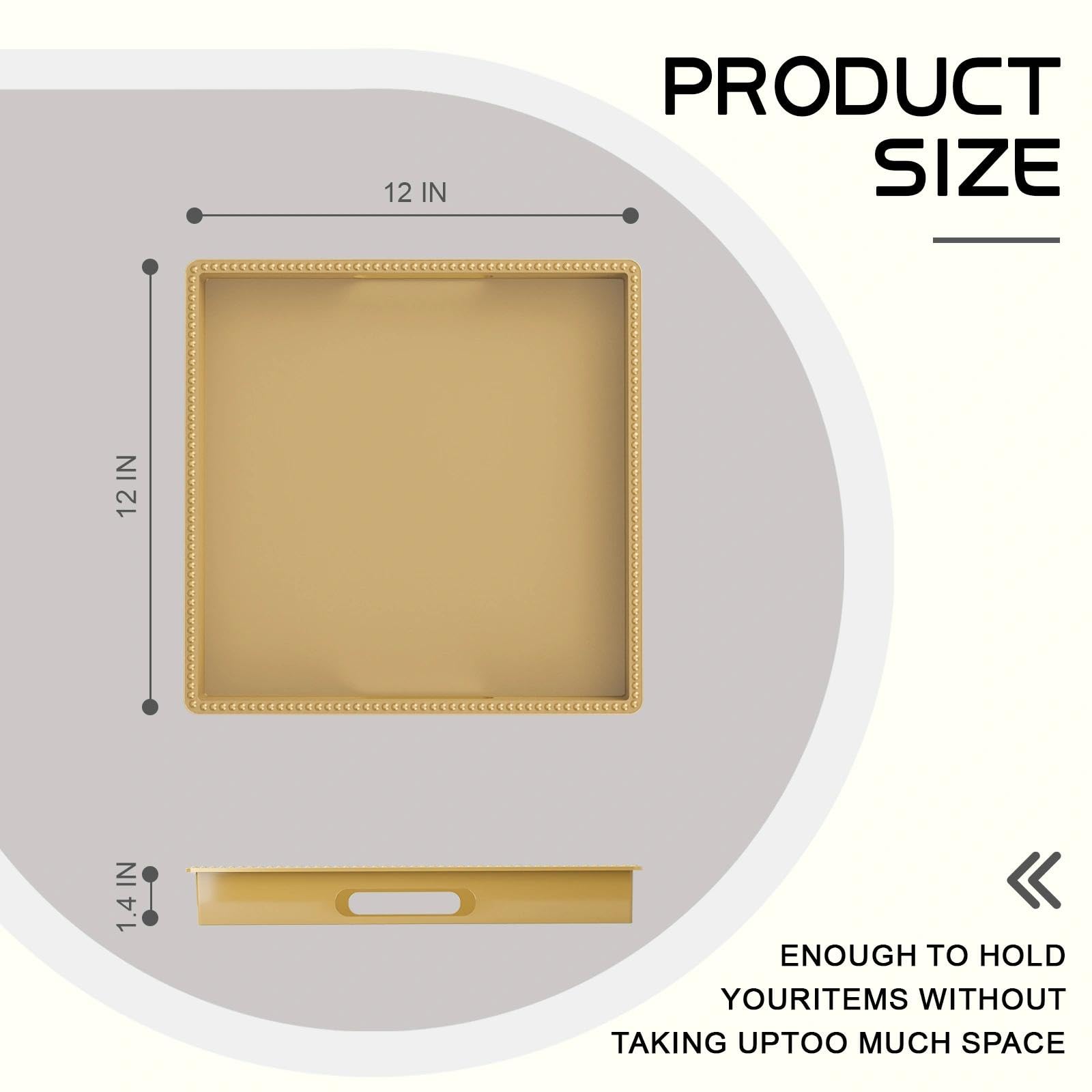 MAONAME Bandeja dorada para servir con asas, bandeja decorativa con cuentas, bandejas cuadradas de mesa de café, bandejas otomanas de plástico para sala de estar, decoración de baño, 12 x 12 x 1.4