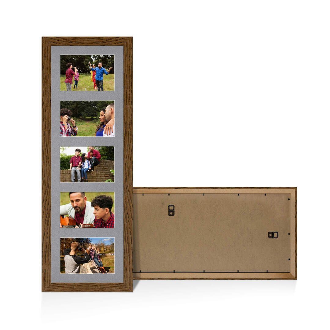 Procut Global 26X8 Dark Oak Photo Frames For Multiple Pictures with Mid Grey Mount-Modern Collage Frame with 5 Apertures (5x) 6X4-Engineered Wood with Shatterproof Perspex