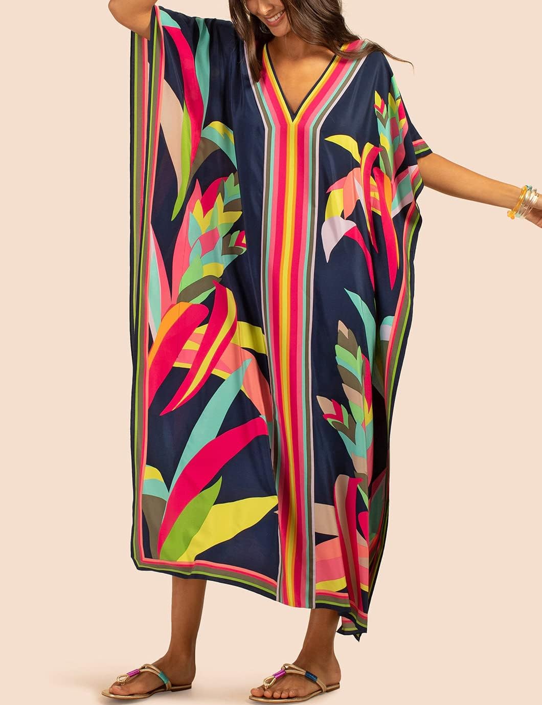 Eddoyee Women Long Print Swimwear Cover Up Sexy V Neck Side Split Beach Caftans Lounge Dresses - Image 2