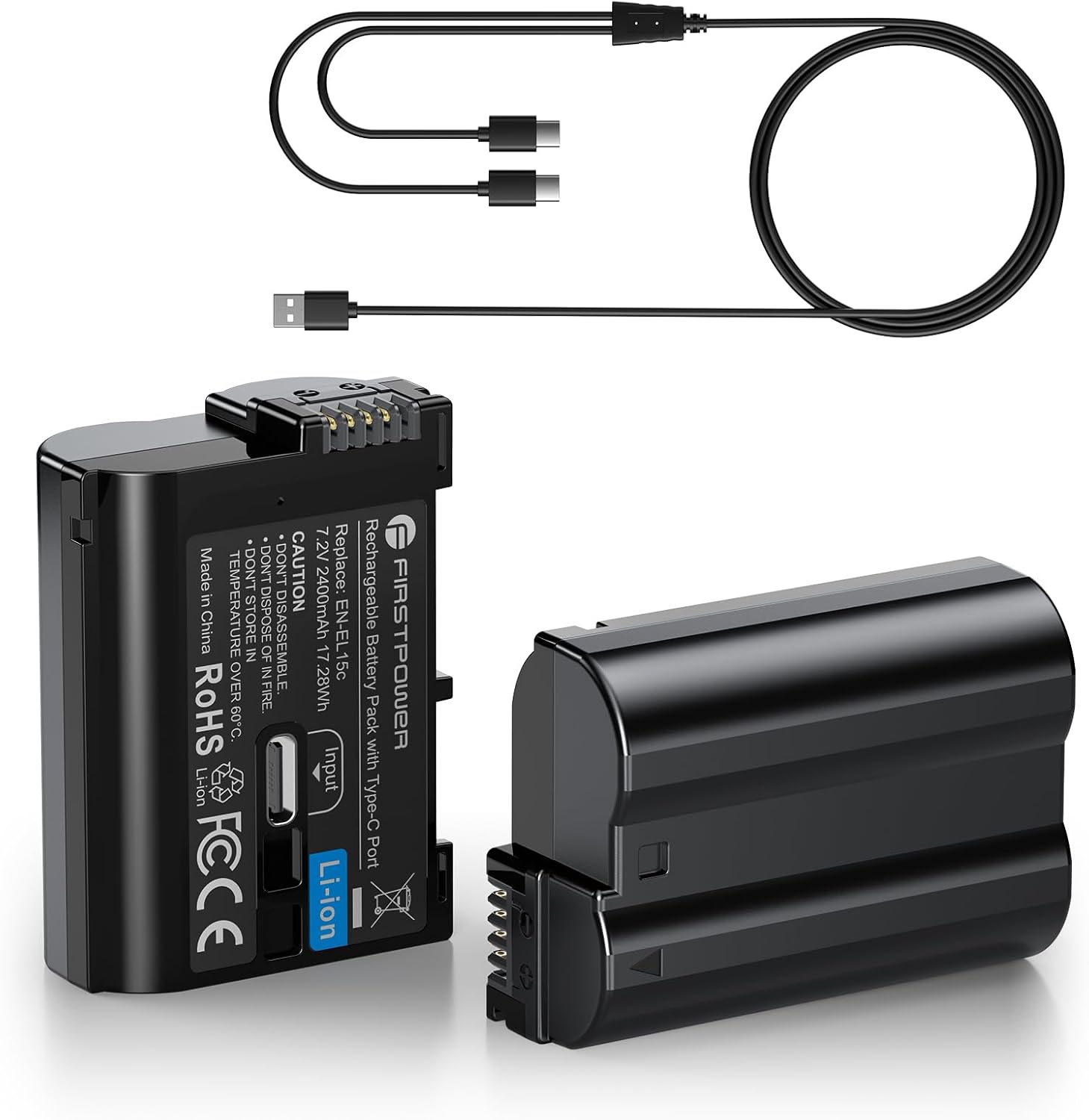 FirstPower EN-EL15C 2400mAh 2-Pack Replacement Batteries with USB-C Fast Charging for Nikon Zf Z5 Z6/Z6II Z7/Z7II Z8 D7000 D7100 D7200 D7500 D500 D600 D610 D750 D780 D800 D850 D800E D810 D810A 1V1