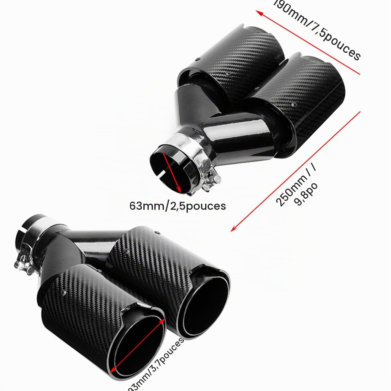 Embout d'échappement en Y Double Sortie 63-93mm Côté Gauche Carbone Aspect Noir Mat Acier Inoxydable
