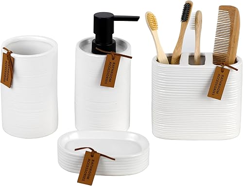 Juego de 4 accesorios de baño de cerámica blanca con etiqueta de cuero, dispensador de loción, jabonera, soporte para cepillos de dientes, vaso de