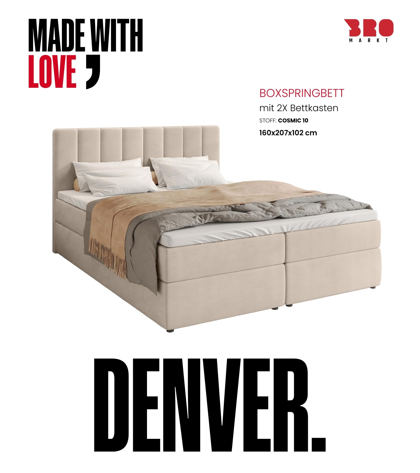 BROMARKT Boxspringbett mit Matratze 160x200cm Bett mit Topper Beige | Polsterbett mit Bettkasten Doppelbett für Schlafzimmer gepolsterte Kopfstütze Bed Bonell Härtegrad H3 DENVER