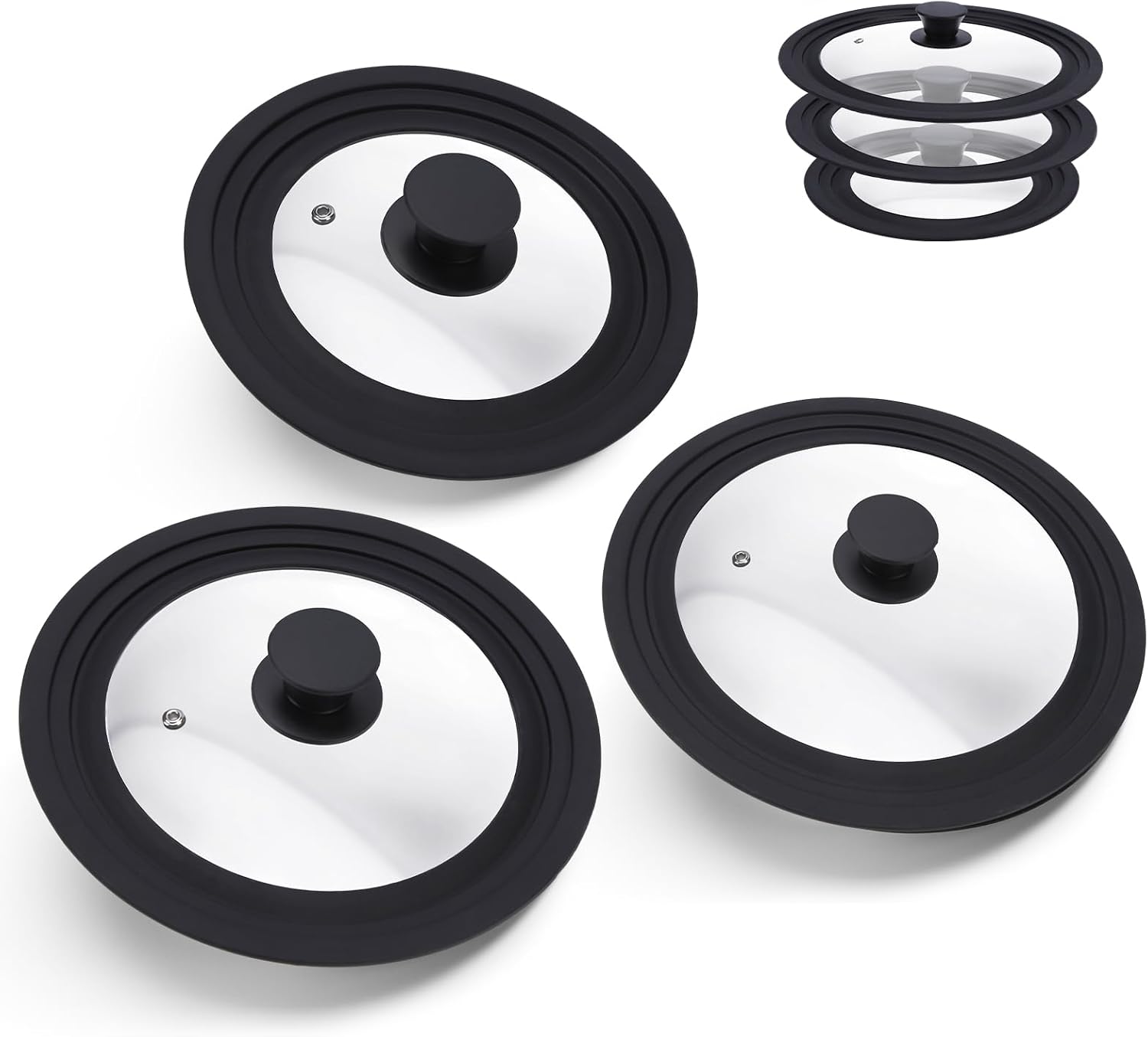 Universal Glass Lid Replacement for Carote Pots and Pans, 3-Pack Silicone Rim Glass Lids for 6"–11" Cookware, Heat-Resistant, BPA-Free, Dishwasher Safe, Fits Pots, Pans & Skillets