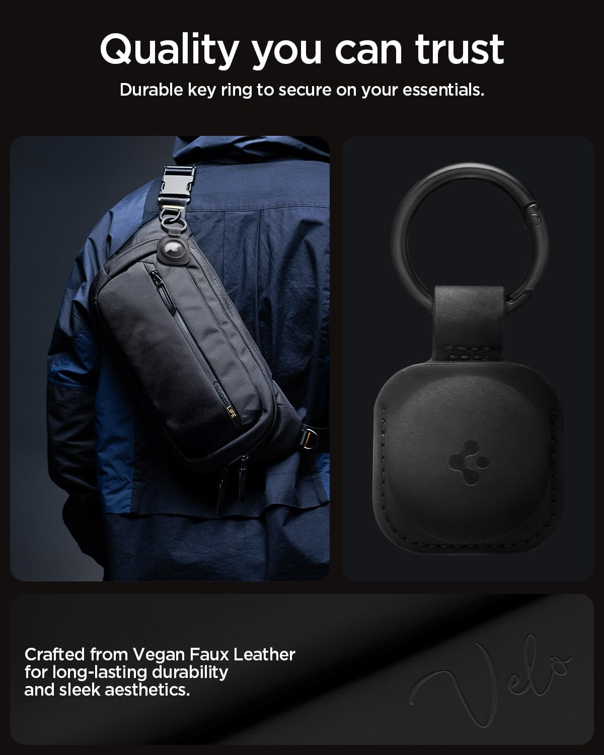 Spigen AT200 Designed for AirTag 2nd Gen (2026) & 1st Gen Keychain Case Cover Holder for Bags Keys Backpacks Luggage Pet Collars (Device Not Included) - Black