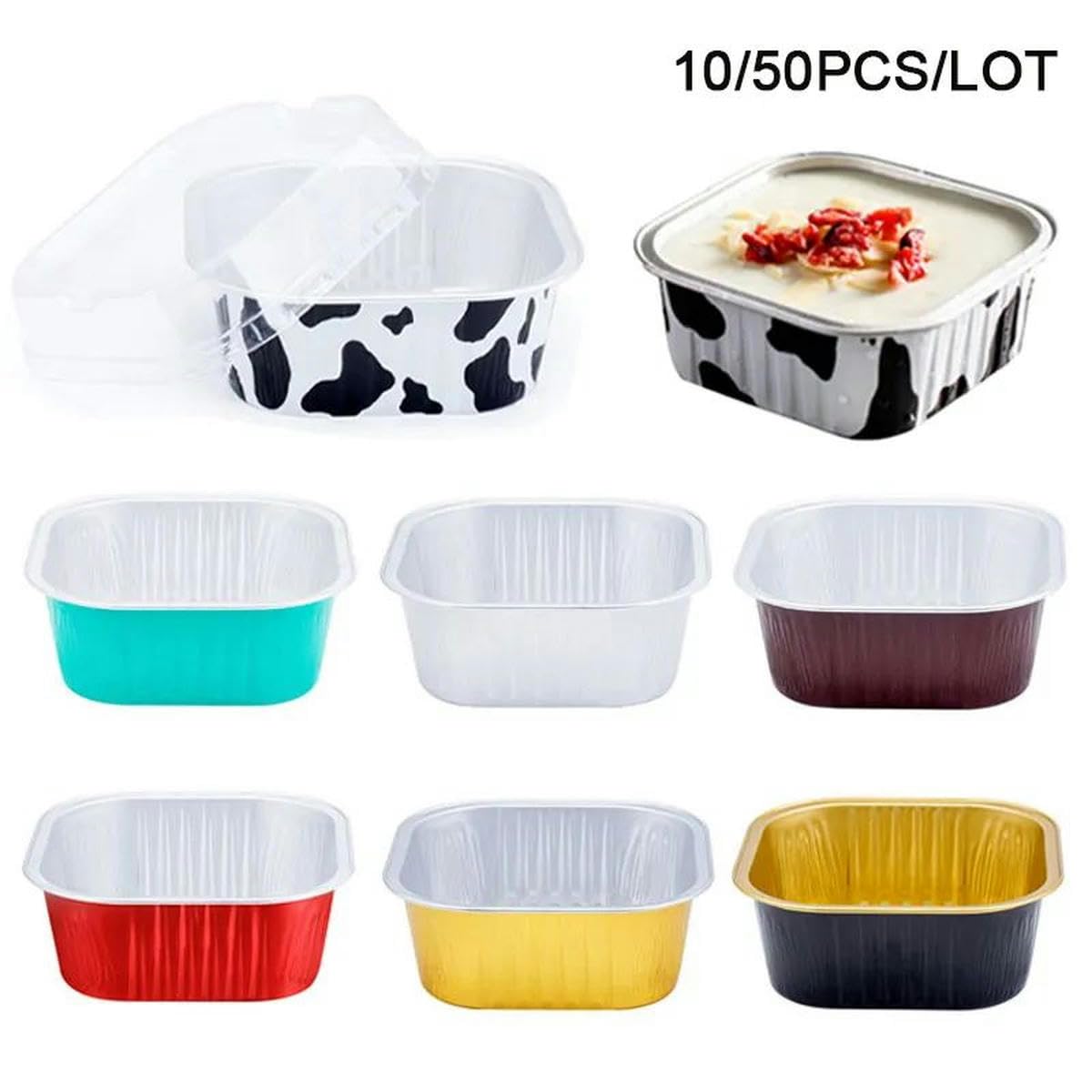 10/50pcs gobelets de cuisson en papier d'aluminium 300 ml crème brûlée dessert gobelets à cupcakes de forme carrée avec couvercles outils de gâteau à muffins-argent-50pcs