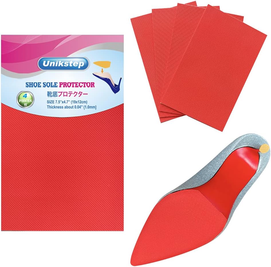 Unikstep 4 Pieces Shoe Sole Protectors, Shoe Bottom and Heel Anti Slip Grip Pads, Self Adhesive Non Skid Noise Reduction Sticker Cushion (Red)