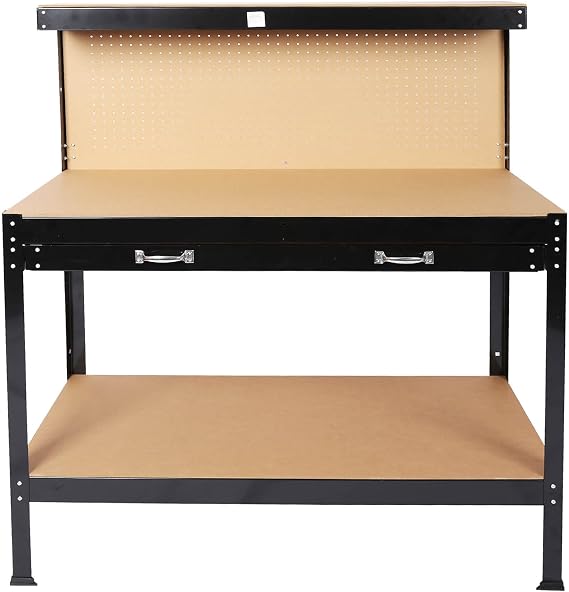 Heavy Duty Workbench with Drawer and Pegboard, Workshop Table with Storage Shelf, Steel Frame Work Bench for Garage, Home, Office, 300 lbs Capacity, (Steel 48)