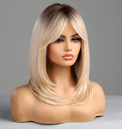 Miniatura 3 de LANOVA - Peluca rubia con fleco, peluca sintética castaño desvanecido con fleco, pelucas del largo del hombro, peluca recta natural, peluca de