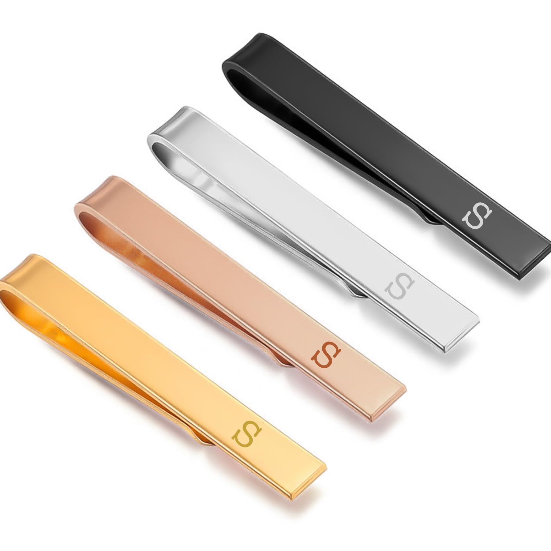 YUUNEI-HOME 4 Pcs Initial Tie Clips for Men, 'S' Elegant Personalized Letters Tie Clip Bar Set for Groomsmen gifts, Anniversary Business and Daily Life-Best Gifts