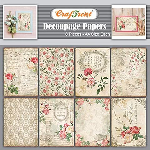CrafTreat French Decoupage Paper for Crafts - French Florals 1 and 2 - Size: A4-8 Pcs - Furniture Decoupage Paper Vintage French - Floral Decoupage Paper for Wood and Scrapbooking Cover