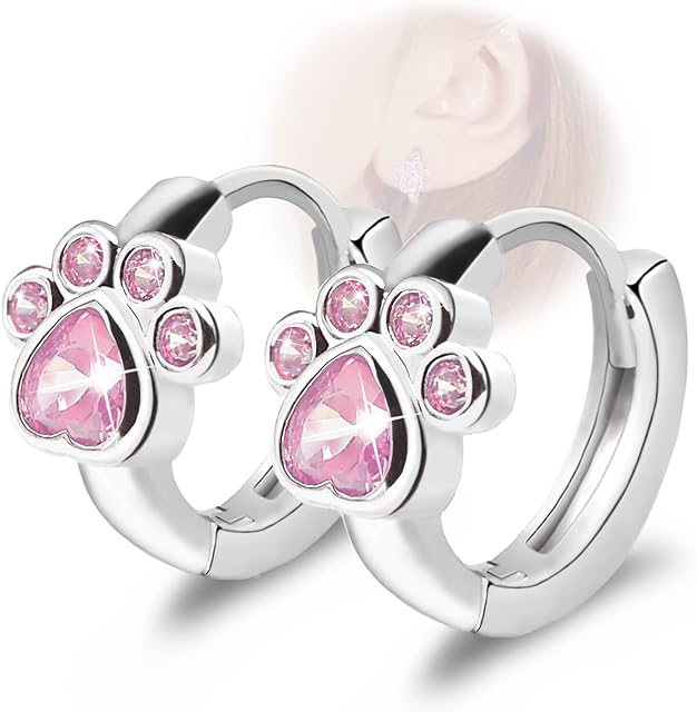 Cubic Zirconia Small Hoop Earrings - CZ Cat Dog Paw Print Hoop Huggies Earrings Sterling Silver Hypoallergenic Cute Cartilage Earrings for Women Girls Teens, Sterling Silver, Cubic Zirconia