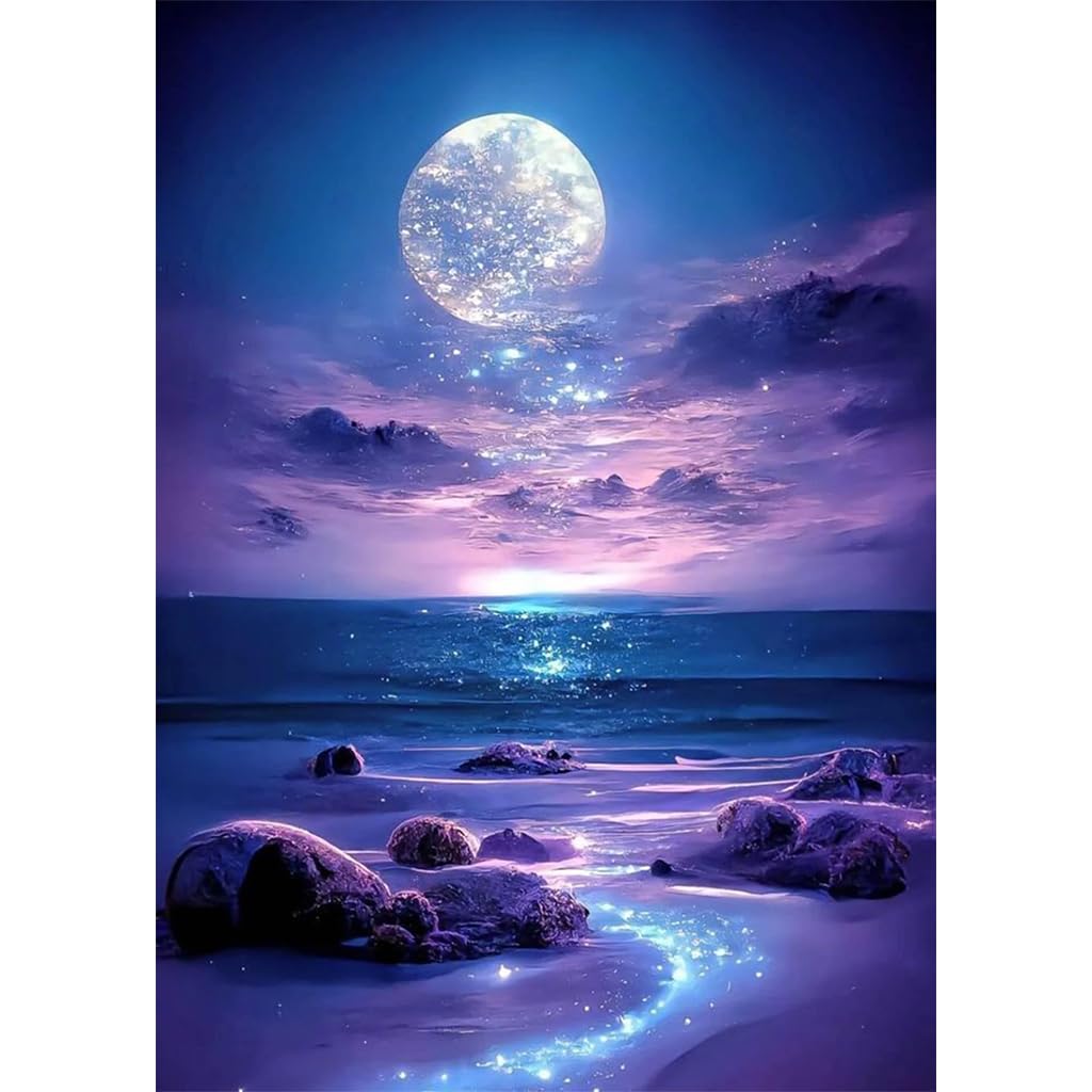 HASTHIP® DIY 5D Diamond Painting Art Kit Dreamy Beach Purple Moonlit Night Beginner DIY Painting for Home Decor, No Frame Wall Decor 5D Diamond Painting, 12 x 16 Inch