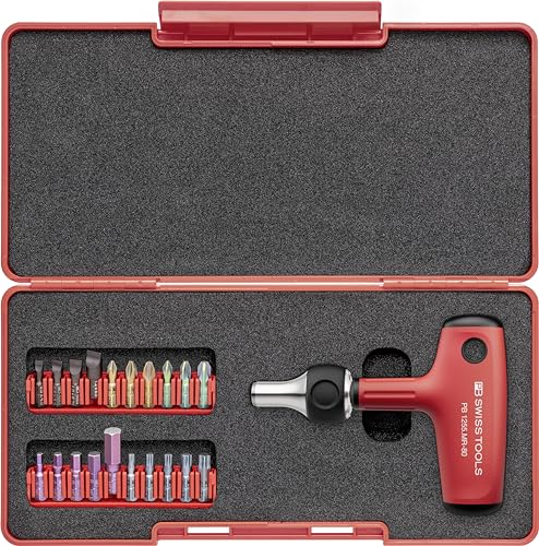 PB Swiss Tools Cross Handle Ratchet Screwdriver with 20 Bits PB 1255.MR-80 | 100% Swiss Made | T-Handle Screwdriver with Magnetic Bit Holder for Screwdriving in Industry and Crafts