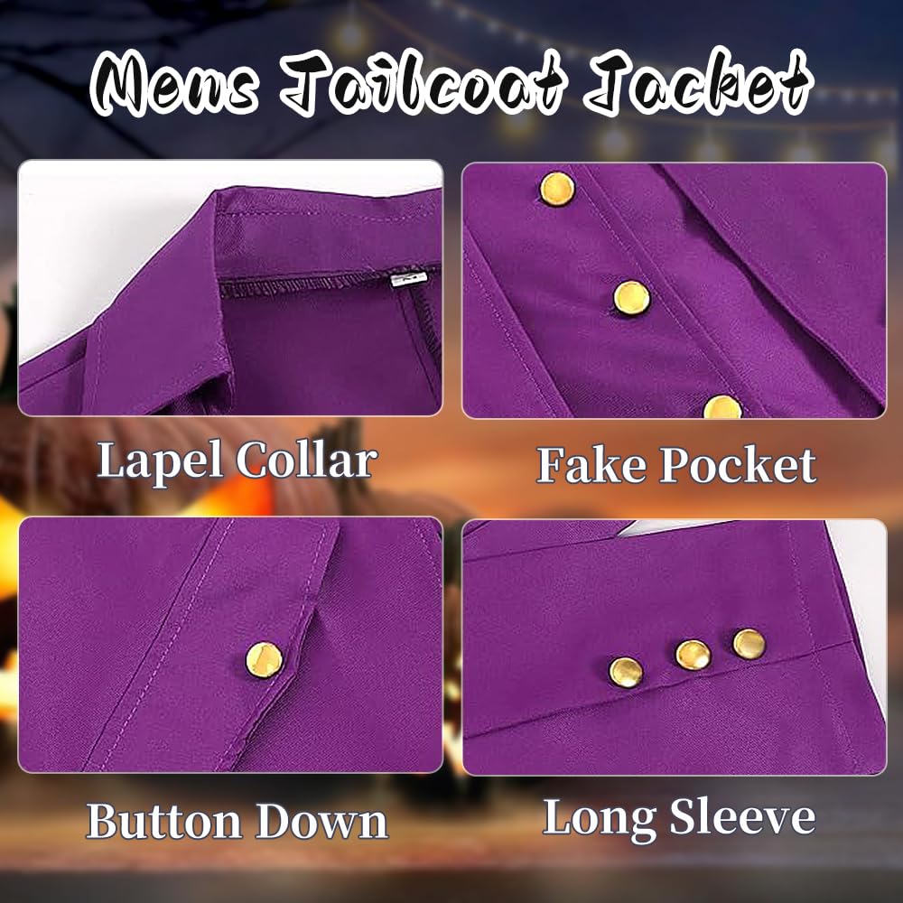 YQVGFBY Men's Gothic Steampunk Tailcoat Men,Medieval Victorian Vintage Jacket Uniform Long Tuxedo,Renaissance Pirate Vampire Party Cosplay Costumes for Adults Men (Purple - Image 4