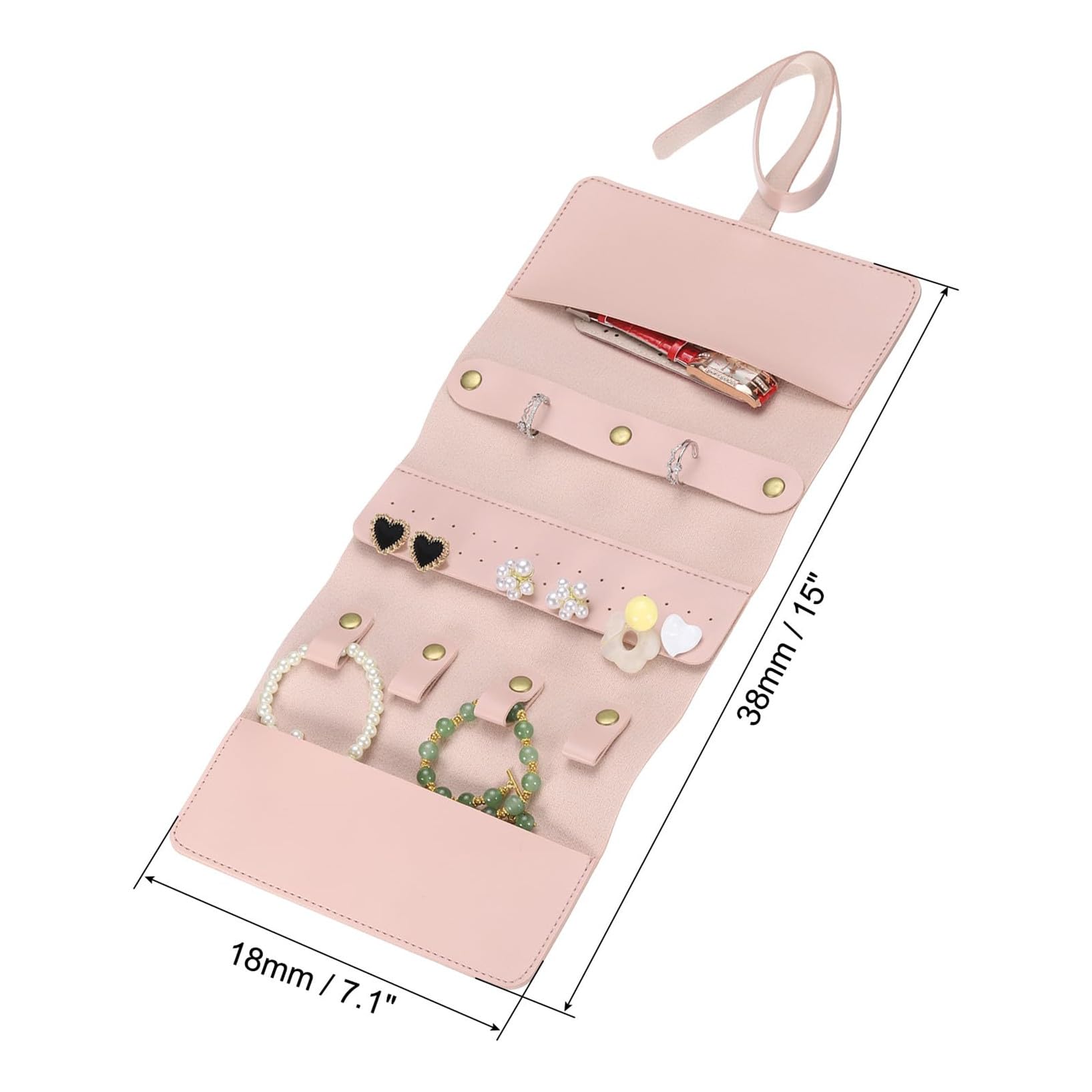 AKEIE Travel Jewelry Roll Bag Premium Foldable Travel Jewelry Organizer Case Portable Jewelry Pouch for Traveling Rings Necklaces Earrings Bracelets Jewelry Storage,Pink