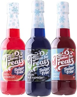 Time for Treats 3-Pack Sugar Free Cherry, Blue Raspberry, Watermelon Syrup Snow Cones, Homemade Sodas, Cocktails, Coffee, Baking and More - 16.9 Fluid Ounce Per Bottle