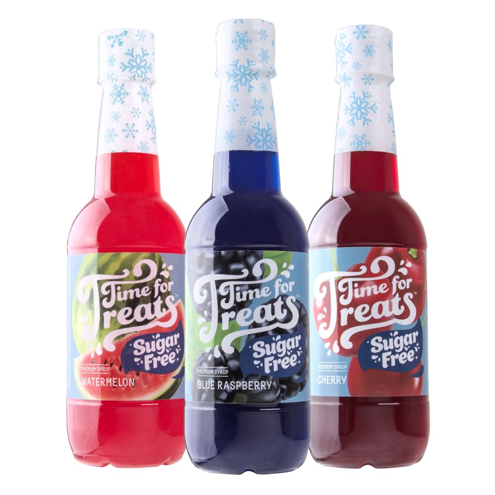 Time for Treats 3-Pack Sugar Free Cherry, Blue Raspberry, Watermelon Syrup Snow Cones, Homemade Sodas, Cocktails, Coffee, Baking and More - 16.9 Fluid Ounce Per Bottle