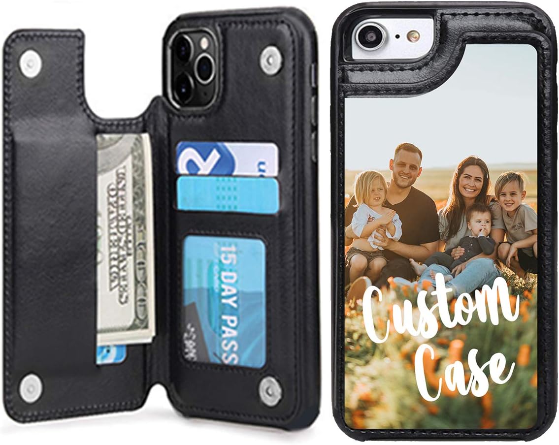 Custom Photo Wallet Case for iPhone 7 Plus/8 Plus,Customized Name PU Leather Cover with Credit Card Holder,Personalized Shockproof Interior Protective Cases,Uartify Black Flip iPhone Cases