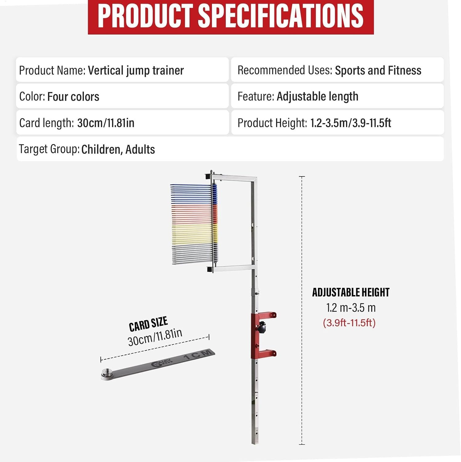Medidor de Salto Vertical con Altura Ajustable de 4,5 a 5,2 pies, paletas Objetivo de 4 Colores para Entrenamiento