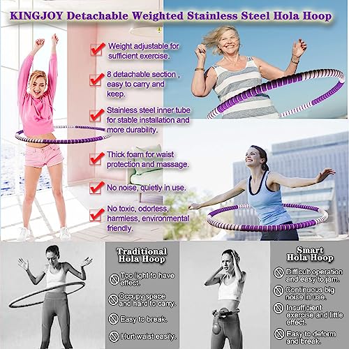 KINGJOY Weighted Hula Hoop for Adults Kids Women for Exercise & Fitness Weight Loss, Hoola Hoops Plus Size, Weight Adjustable 2lb ~ 5lb, 8 Detachable Sections，Stainless Steel Core (Purple & White) - Thumbnail 5