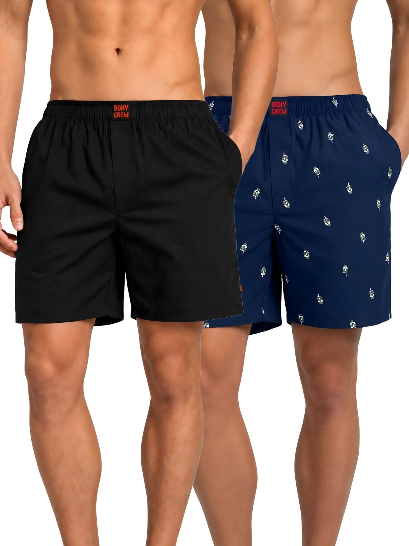 boxy crew Men Boxer Shorts Pack of 2, 100% Cotton Woven Boxers, Black & Navy Blue, Solid & Printed Designs, Dual Side Pockets, No-Marks Inner Elastic Waistband, Relaxed Lounge & Sleep Shorts-picture-50